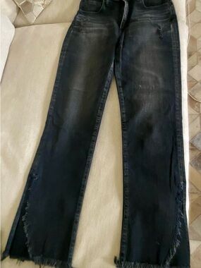 Moussy Washed Black Cropped Flare Jeans with Frayed Hem